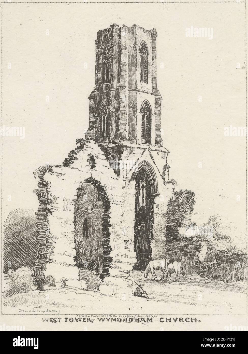 West Tower, Wymondham Church, Robert Dixon, 1780–1815, British, after Robert Dixon, 1780–1815, British, Published by Robert Dixon, 1780–1815, British, 1810, Soft-ground etching on medium, slightly textured, cream wove paper, Sheet: 10 11/16 x 8 1/4 inches (27.1 x 21 cm), Plate: 9 3/4 x 7 7/8 inches (24.7 x 20 cm), and Image: 8 3/4 x 6 15/16 inches (22.3 x 17.6 cm), arches, architectural subject, church, cows, genre subject, grass, grazing, illustration, man, ruins, shepherd, sitting, tower (building division), windows, woods, England, Europe, Norfolk, United Kingdom, Wymondham Stock Photo