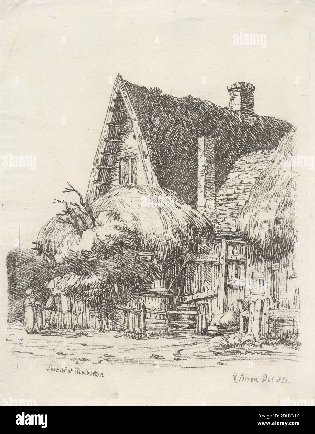 Sketch at Mulbarton, Robert Dixon, 1780–1815, British, after Robert Dixon, 1780–1815, British, Published by Robert Dixon, 1780–1815, British, between 1810 and 1811, Soft-ground etching on medium, slightly textured, cream wove paper, Sheet: 10 5/8 x 8 3/16 inches (27 x 20.8 cm), Plate: 9 15/16 x 7 7/8 inches (25.2 x 20 cm), and Image: 7 1/2 x 7 1/2 inches (19 x 19 cm), architectural subject, chimneys, cottage, fences, gates, genre subject, house, illustration, peasant, road, street, thatch, trees, village, walking, woman, England, Europe, Mulbarton, Norfolk, United Kingdom Stock Photo