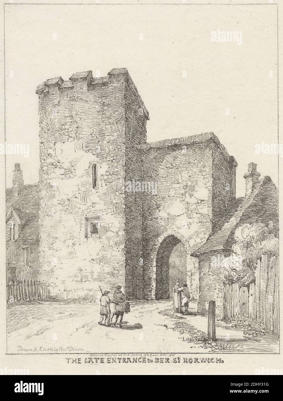 The Late Entrance to Ber Street, Norwich, Robert Dixon, 1780–1815, British, after Robert Dixon, 1780–1815, British, Published by Robert Dixon, 1780–1815, British, 1810, Soft-ground etching on medium, slightly textured, cream wove paper, Sheet: 10 5/8 x 8 1/8 inches (27 x 20.7 cm), Plate: 9 3/4 x 7 13/16 inches (24.8 x 19.8 cm), and Image: 8 3/4 x 6 7/8 inches (22.3 x 17.5 cm), arch, architectural subject, fences, gate, genre subject, hats, horse (animal), houses, illustration, men, peasants, riding, road, stone, street, tower (building division), walking, women, England, Europe, Norfolk Stock Photo