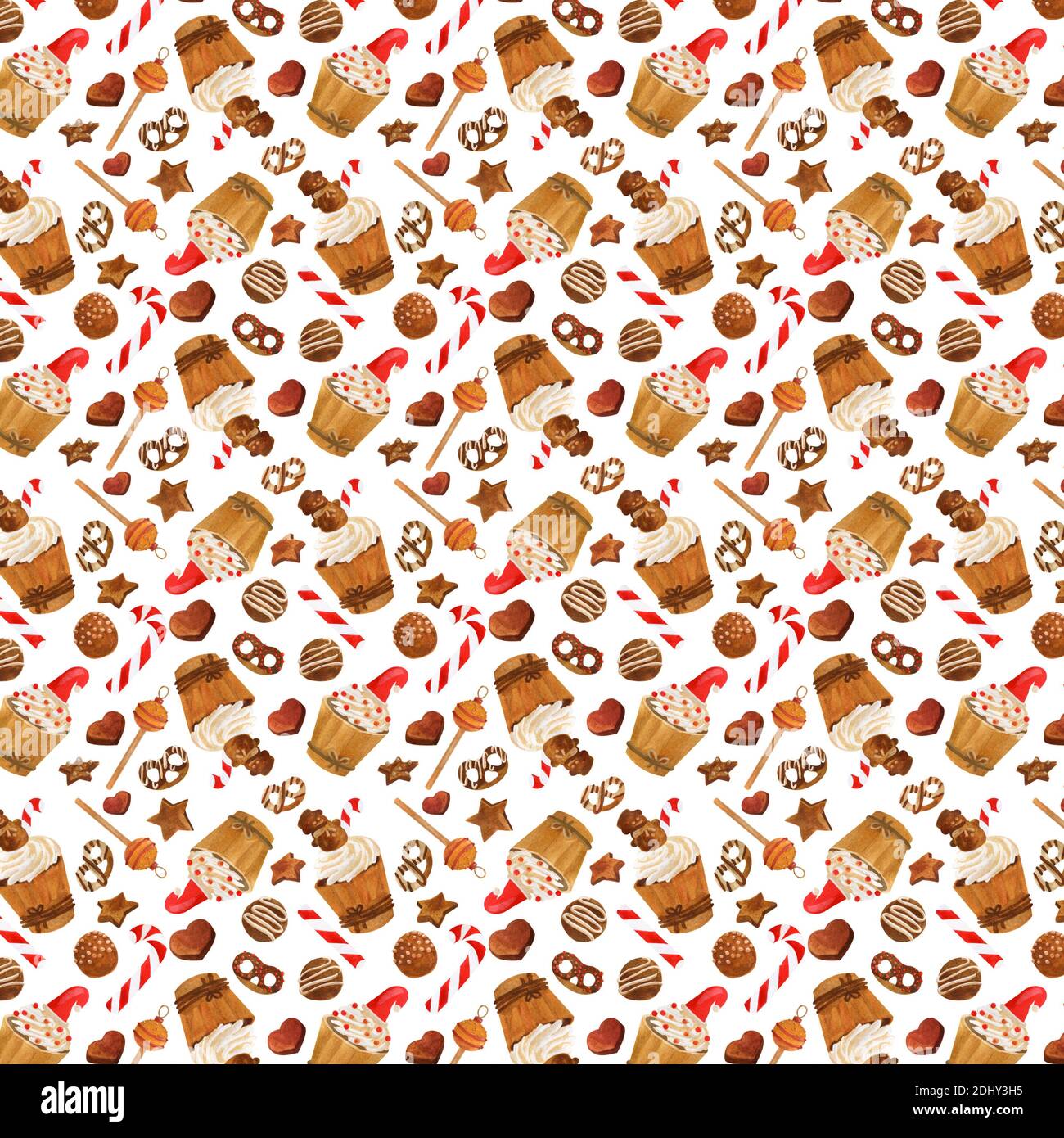 Watercolor pattern hand drawn. Cakes and sweets. Red brown orange ...