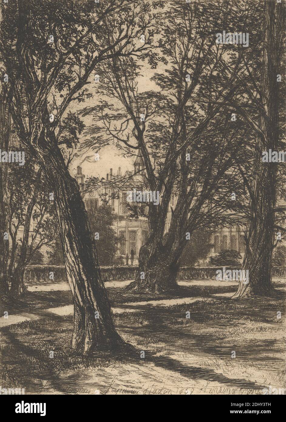 Kensington Gardens, no. 1 (small plate), Francis Seymour Haden, 1818–1910, British, 1859, Etching and drypoint, with plate tone on medium, slightly textured, cream antique laid paper, Sheet: 7 5/8 x 5 9/16 inches (19.3 x 14.2 cm), Plate: 6 1/4 x 4 5/8 inches (15.9 x 11.7 cm), and Image: 6 1/4 x 4 5/8 inches (15.9 x 11.7 cm), architectural subject, building, chimneys, cityscape, garden, grass, hedge, house, landscape, lawn, palace, path, shadows, trees, turret, windows, England, Europe, Hyde Park, Kensington, Kensington Gardens, London, United Kingdom Stock Photo