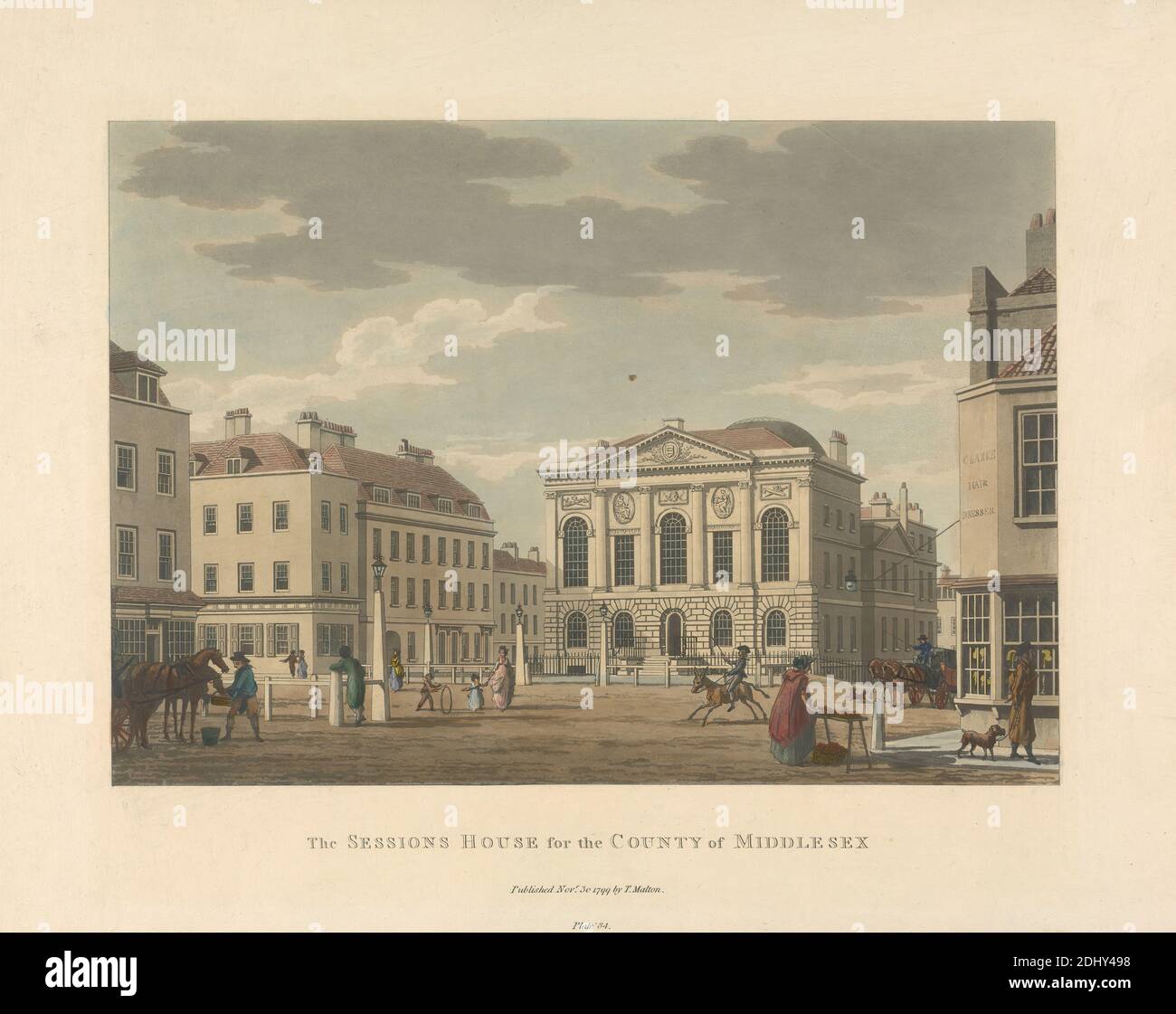 The Sessions House for the County of Middlesex, Thomas Malton the Younger, 1748–1804, British, 1799, Aquatint with etched outline, Sheet: 19 1/2 x 24 1/4in. (49.5 x 61.6cm Stock Photo