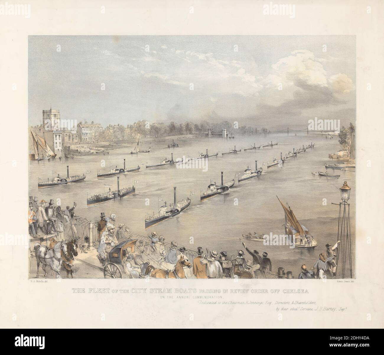 The Fleet of the City Steam Boats Passing in Review Order off Chalsea on the London Annual Commemoration, Edwin Jewitt, active 1855, after Harden S. Melville, active 1837–1882, c. 1850, Hand-colored tinted lithograph Stock Photo