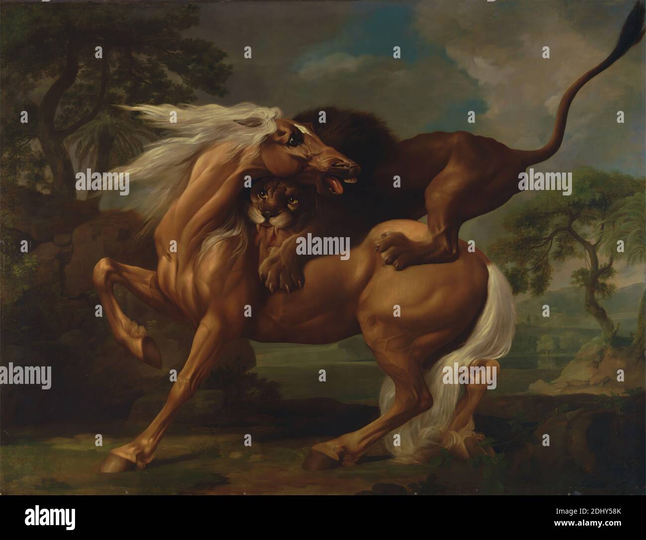 A Lion Attacking a Horse, George Stubbs, 1724–1806, British, 1762, Oil on canvas, Support (PTG): 96 x 131 inches (243.8 x 332.7 cm), allegory, animal art, antiques, biting, blood (animal material), drama, hills, horse (animal), landscape, lion, mythology, rocks (landforms), sculpture, shore (landform), symbolism, trees Stock Photo