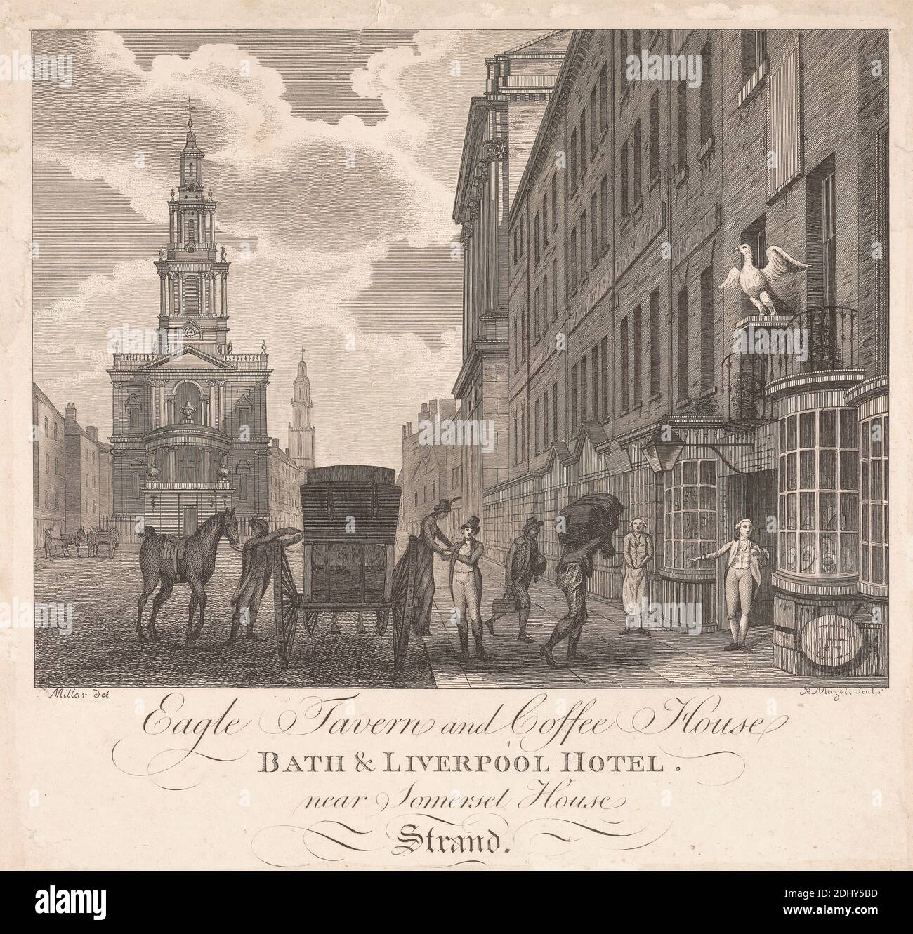 Eagle Tavern and Coffee House near Somerset House, Peter Mazell, active 1761–1797, Irish, after James Millar, ca.1735–1805, British, undated, Engraving on slightly textured, medium, white wove paper, Sheet: 7 3/4 × 8 1/16 inches (19.7 × 20.5 cm), architectural subject Stock Photo