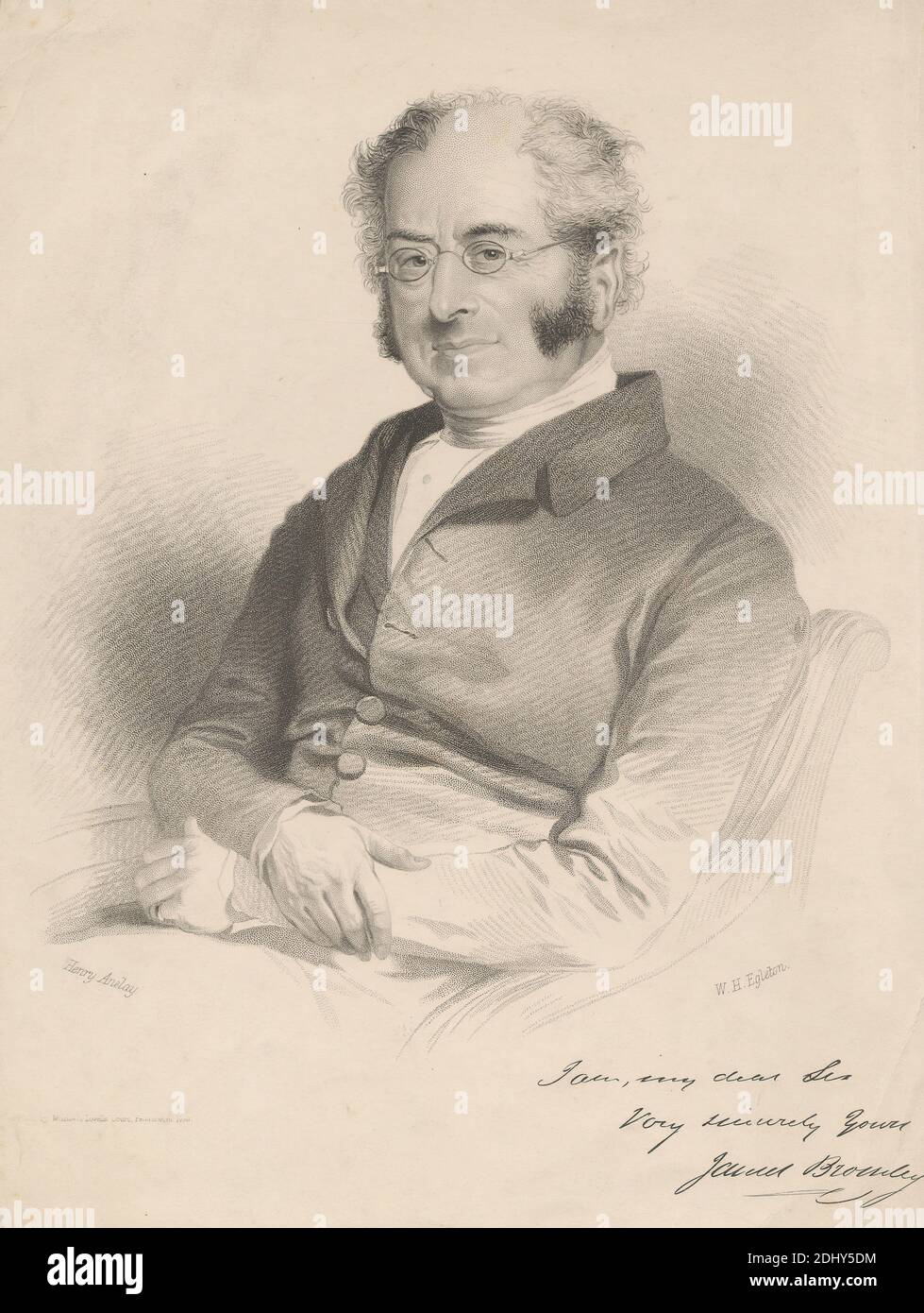 James Bromley, William H. Egleton, active 1833–1862, after Henry Anelay, active 1858–1873, British, Printed by John Mitchell, active 1832–died 1889, British, undated, Lithograph on moderately thick, smooth, beige wove paper, Sheet: 9 7/8 x 7 7/16 inches (25.1 x 18.9 cm) and Image: 7 13/16 x 7 3/16 inches (19.8 x 18.2 cm), artist, chair, coat, eyeglasses, man, portrait Stock Photo