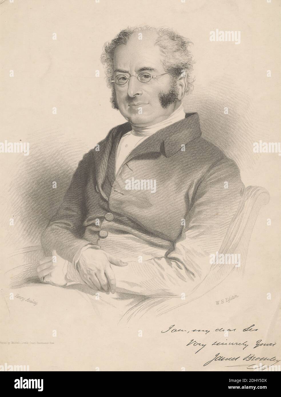 James Bromley, William H. Egleton, active 1833–1862, after Henry Anelay, active 1858–1873, British, Printed by John Mitchell, active 1832–died 1889, British, undated, Lithograph on moderately thick, smooth, beige wove paper, Sheet: 9 13/16 x 7 5/16 inches (24.9 x 18.6 cm) and Image: 7 13/16 x 7 1/16 inches (19.8 x 17.9 cm), artist, chair, coat, eyeglasses, man, portrait Stock Photo