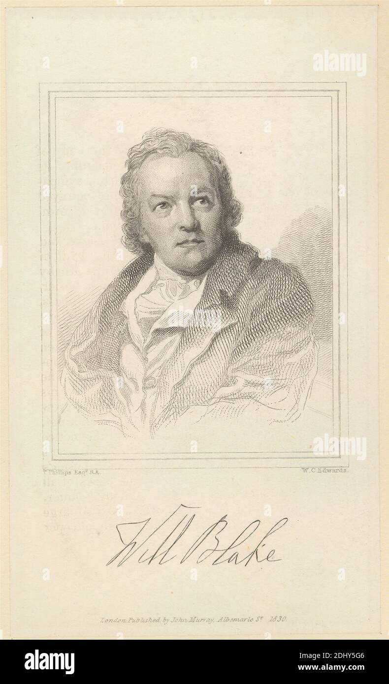 William Blake, William Camden Edwards, 1777–1855, British, after Thomas Phillips, 1770–1845, British, Published by John Murray, 1802–1892, British, 1830, Line engraving and etching on moderately thick, slightly textured, cream wove paper, laid in mount, Sheet: 5 7/16 x 3 1/4 inches (13.8 x 8.2 cm) and Image: 3 5/16 x 2 5/8 inches (8.4 x 6.7 cm), artist, coat, costume, cravat, frill, portrait, ruffle, waistcoat Stock Photo