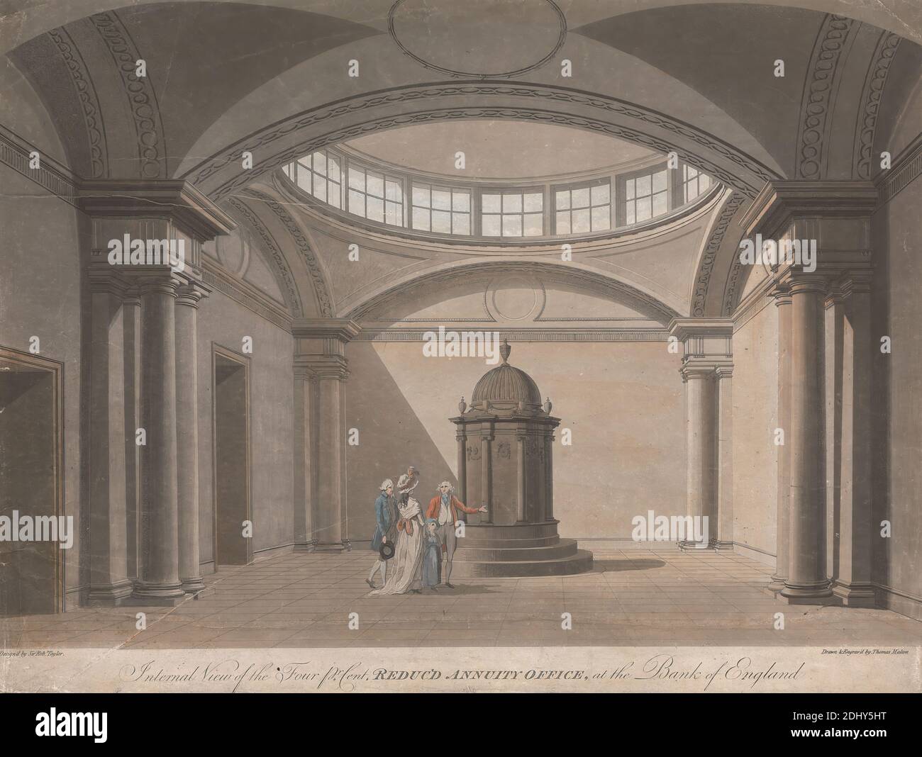 Internal View of the Four per cent Reduced Annuity Office, at the Bank of England, Thomas Malton, 1726–1801, British, after Thomas Malton, 1726–1801, British, 1790, Hand colored aquatint on slightly textured, moderately thick, gray wove paper, Sheet: 15 × 19 13/16 inches (38.1 × 50.3 cm), architectural subject Stock Photo