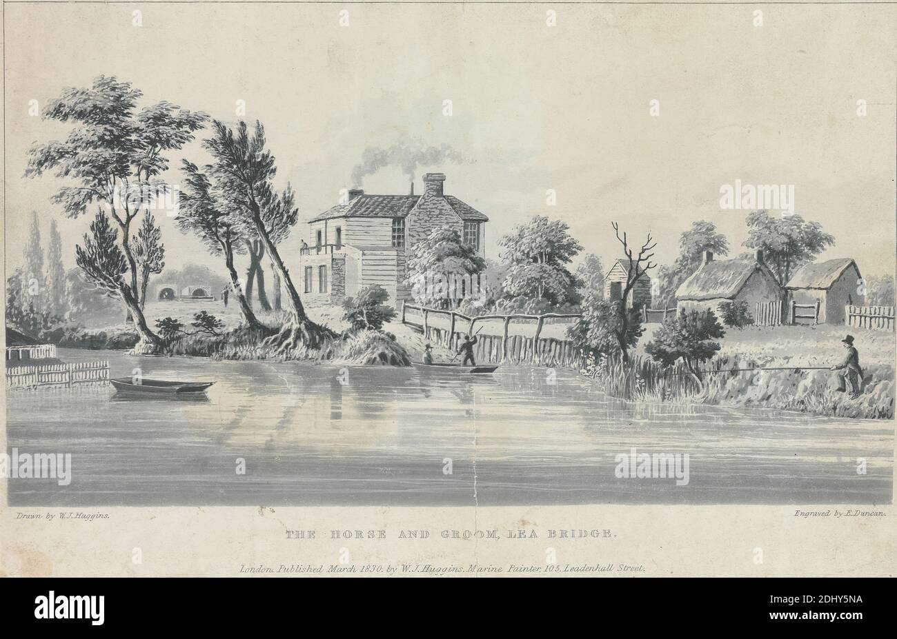 The 'Horse and Groom,' Lea Bridge, Edward Duncan, 1803–1882, British, after William John Huggins, 1781–1845, British, 1830, Aquatint, Sheet: 5 3/4 x 8 3/4in. (14.6 x 22.2cm Stock Photo