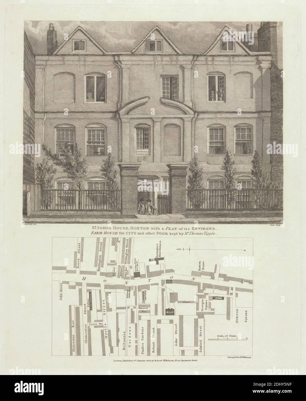 St. John's House, Hoxton, unknown artist, ( Dale ), after Robert Bremmel Schnebbelie, active 1803–1849, 1823, Engraving, Sheet: 12 3/8 x 10 1/8in. (31.4 x 25.7cm Stock Photo