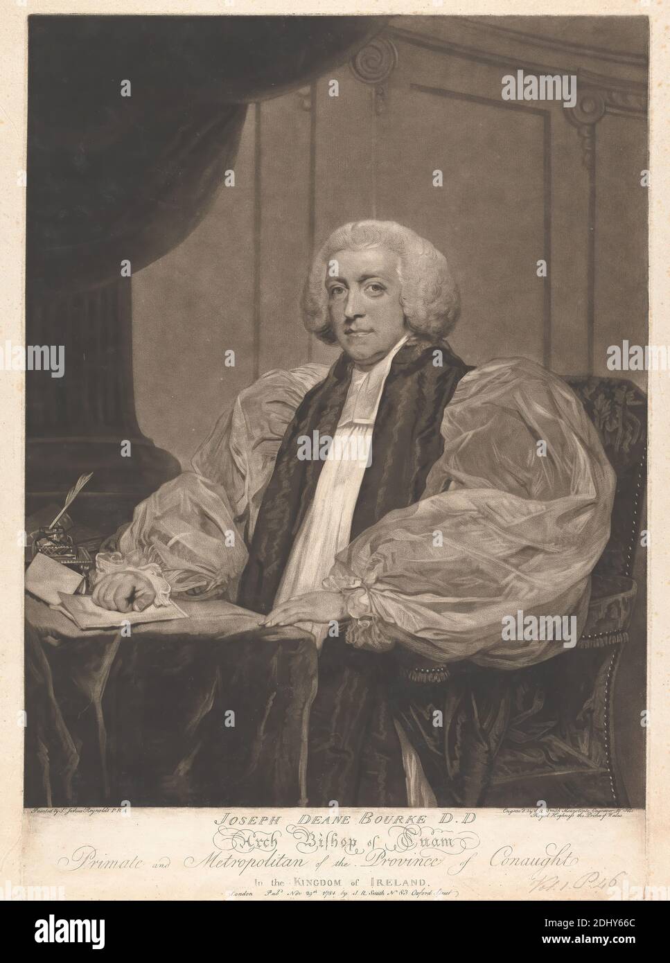 Joseph Deane Bourke, 3rd Earl of Mayo, John Raphael Smith, 1752–1812, British, after Sir Joshua Reynolds RA, 1723–1792, British, 1784, Mezzotint on medium, moderately textured, beige, laid paper, Sheet: 20 9/16 × 15 11/16 inches (52.2 × 39.8 cm), Plate: 19 7/8 × 14 1/16 inches (50.5 × 35.7 cm), and Image: 17 13/16 × 13 15/16 inches (45.2 × 35.4 cm), chair, column (architectural element), earl, ink, man, papers, portrait, quill, religious and mythological subject, tippet, wig Stock Photo