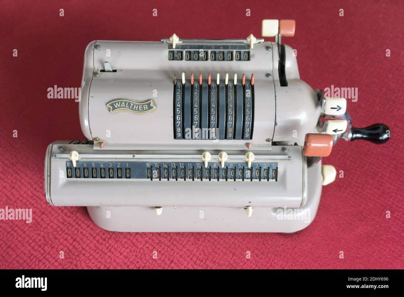 EHRWALD, AUSTRIA - JANUARY 7, 2019: Vintage technical equipment, Walther's mechanical calculating machine. Stock Photo
