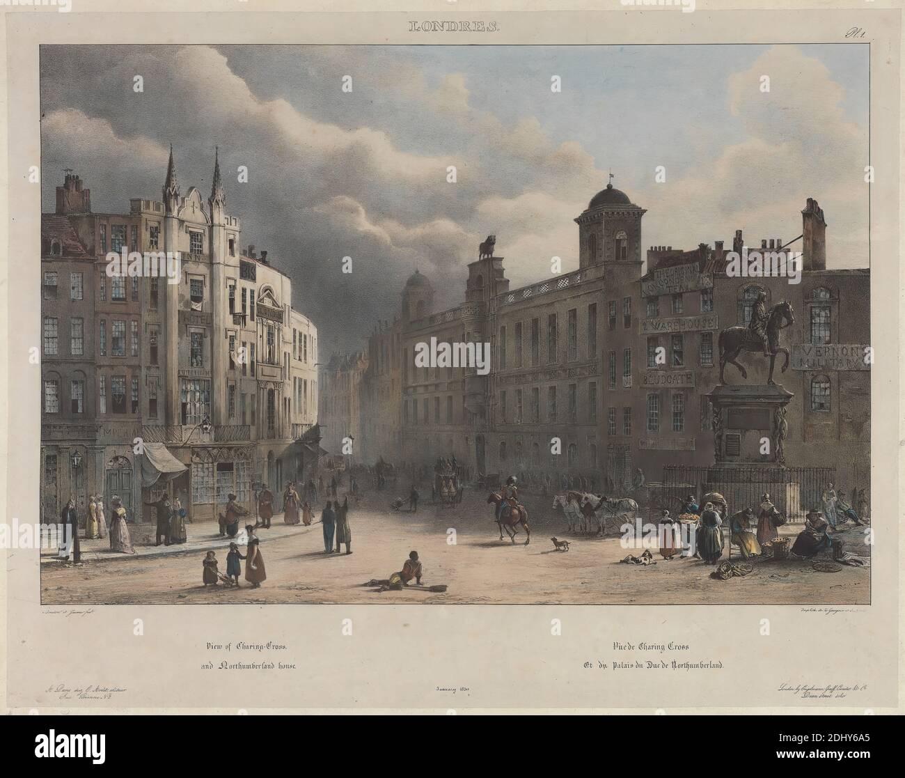 View of Charing Cross and Northumberland House, after unknown artist, ( Bouton & Jaime ), Henri Gaugain, active 1833–1844, 1830, Hand colored lithograph, Sheet: 13 5/8 x 17 1/8in. (34.6 x 43.5cm Stock Photo