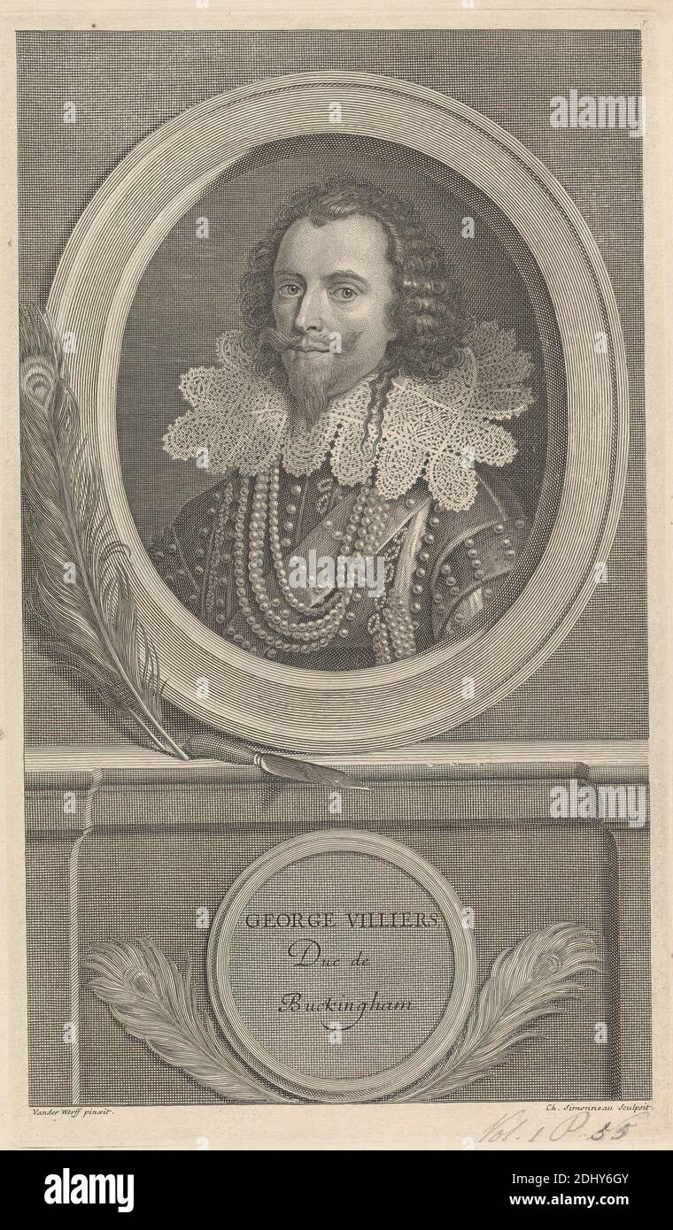 George Villiers, 1st Duke of Buckingham, Ch. Imonneau, after Adriaan van der Werff, 1659–1722, Dutch, undated, Engraving on medium, slightly textured, blued white, laid paper, Sheet: 12 5/8 × 7 1/2 inches (32.1 × 19.1 cm), Plate: 12 1/4 × 7 3/16 inches (31.1 × 18.3 cm), and Image: 11 5/8 × 6 3/4 inches (29.5 × 17.1 cm Stock Photo