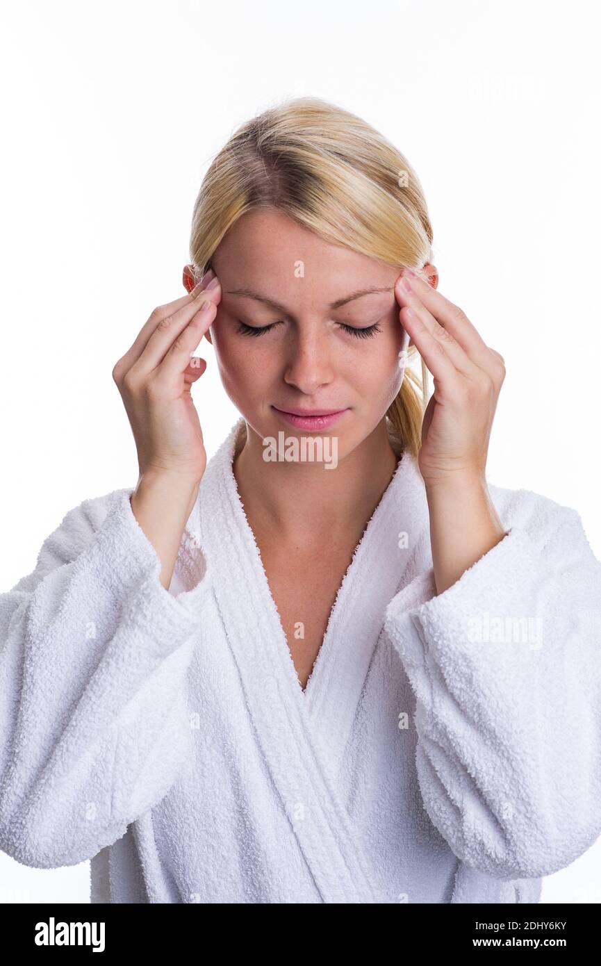 Blonde Frau mit Kopfschmerzen, Model Release, 25, 30, Jahre Stock Photo