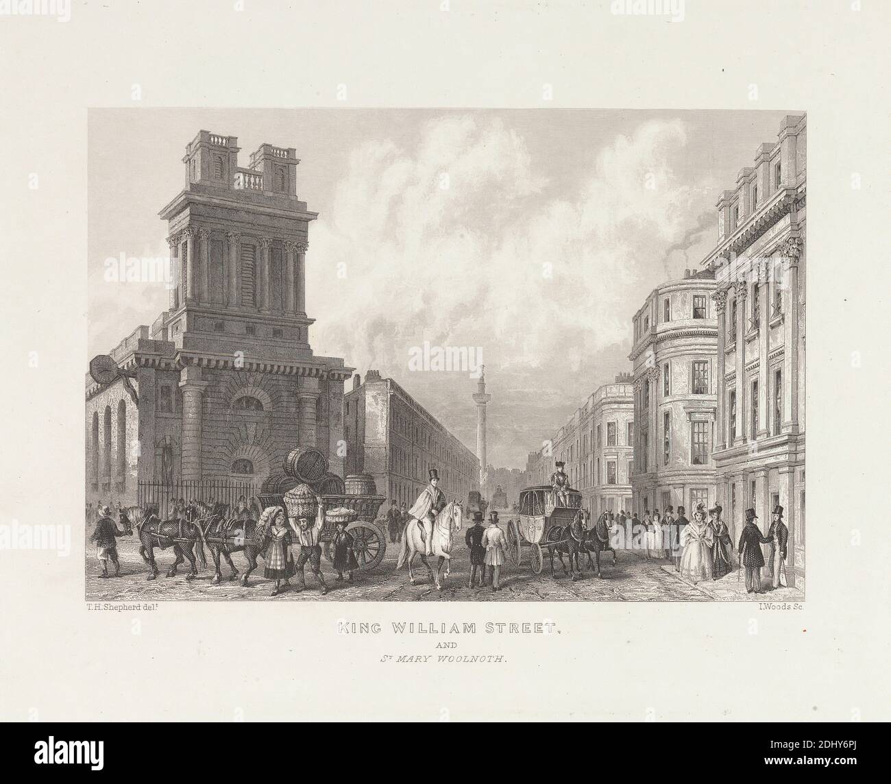 King William Street and St. Mary Woolnoth, John Woods, active 1836–1860, after Thomas Hosmer Shepherd, 1792–1864, British, c. 1840, Engraving, Sheet: 7 1/2 x 9 1/8in. (19.1 x 23.2cm Stock Photo
