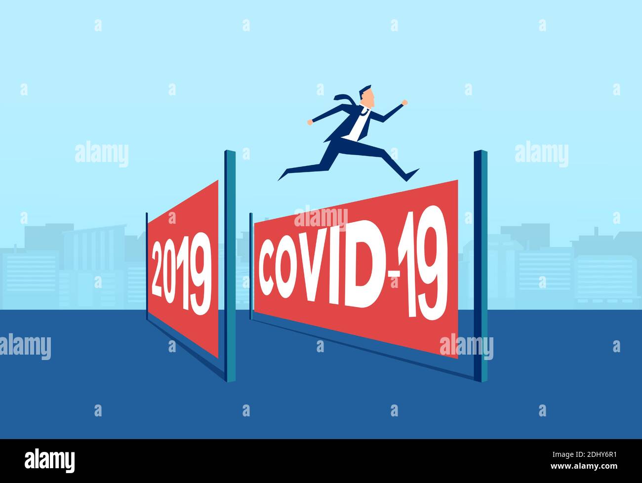 Vector of a business man jumping over coronavirus obstacle year to a new start Stock Vector