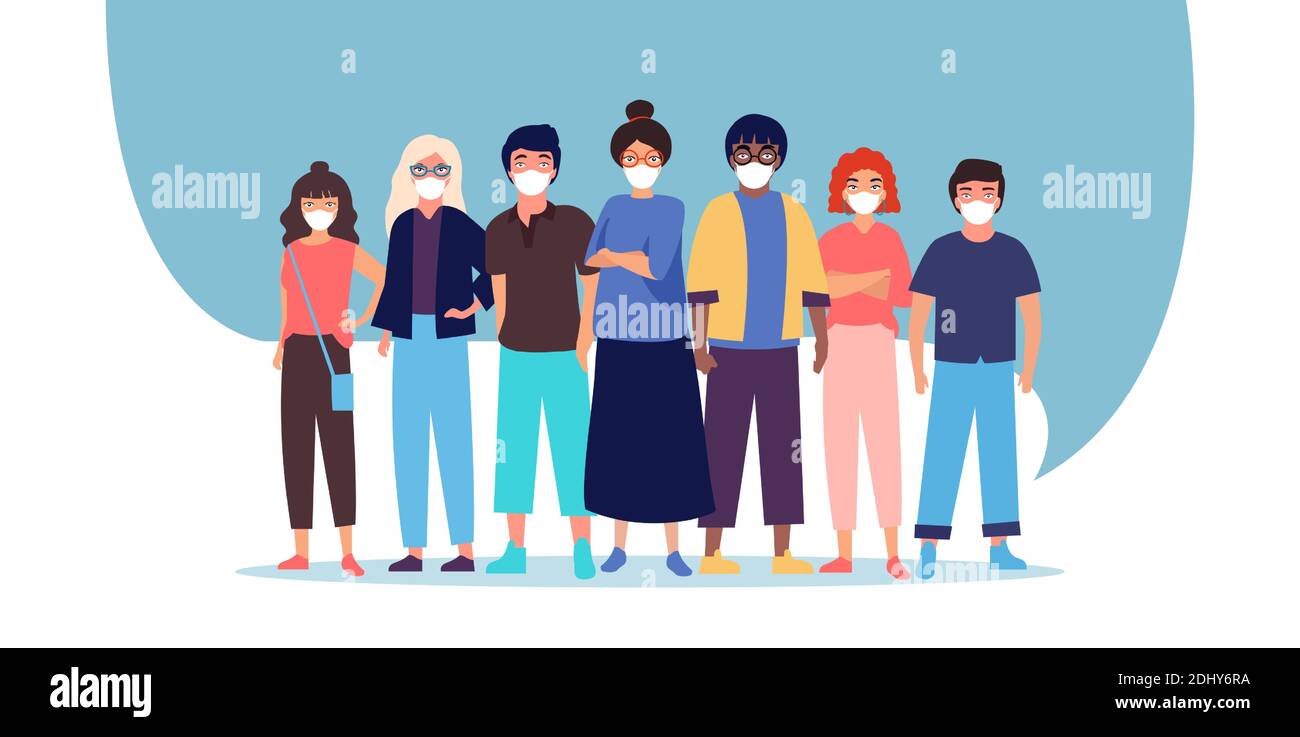 Vector of a group of people men and women in protective medical face masks. Stock Vector