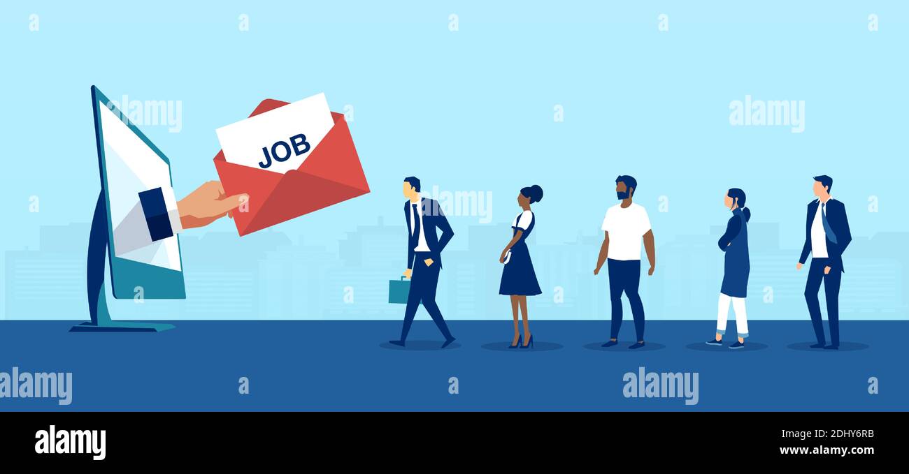 Vector of a business man hand coming out of desktop computer screen with a job offer to a group of people waiting in line Stock Vector