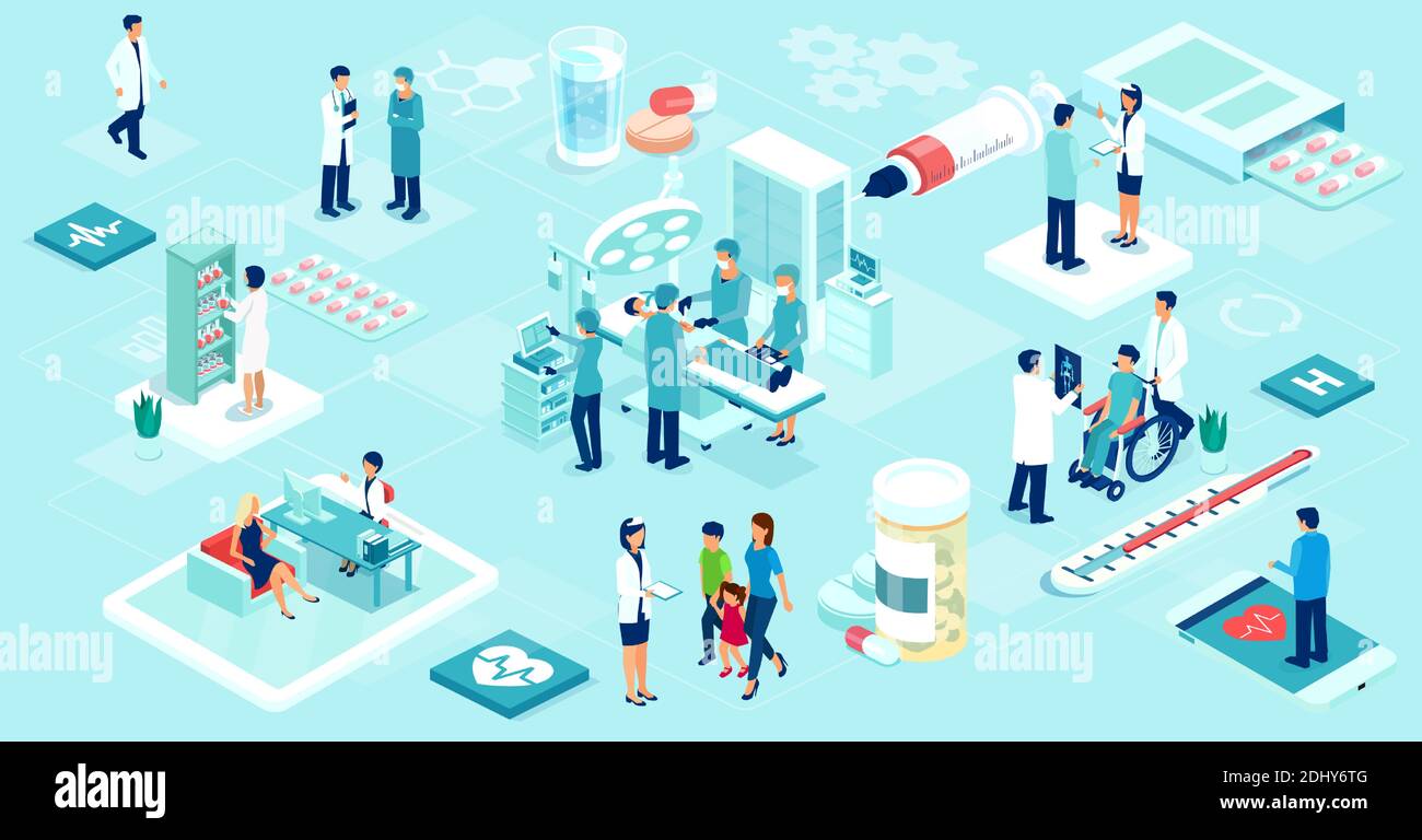 Vector of a team of doctors and nurses taking care of the patients inside the hospital and remotely via mobile app Stock Vector