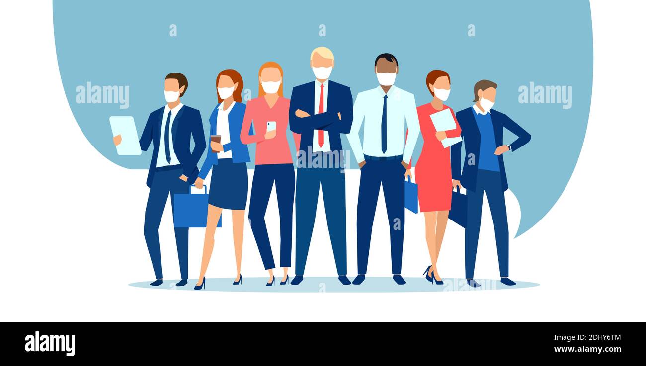 Vector of business people wearing face masks standing together as a ...