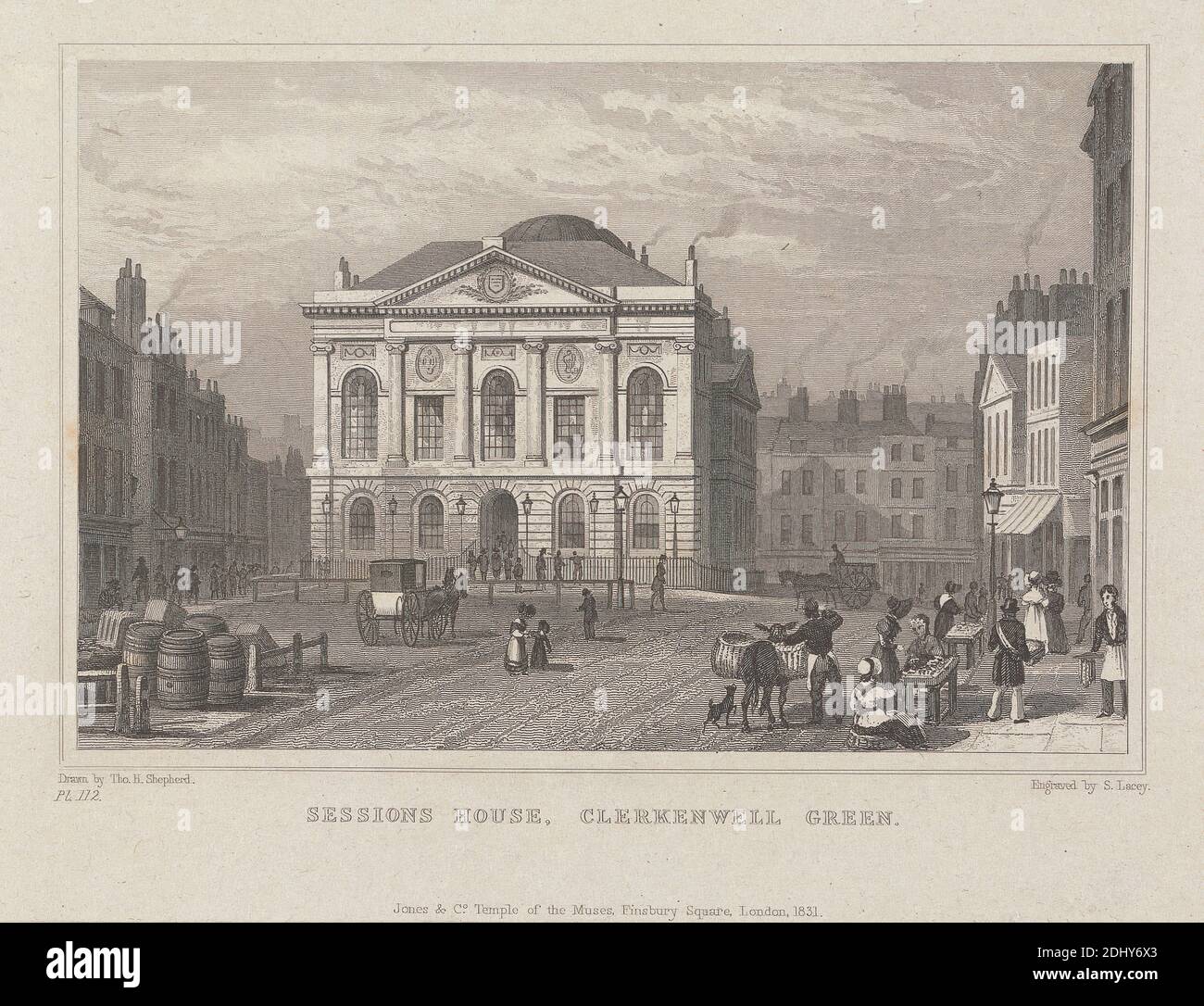Sessions House, Clerkenwell Green, S. Lacey, active 1830s, after Thomas Hosmer Shepherd, 1792–1864, British, 1831, Engraving, Sheet: 7 3/8 x 8 3/4in. (18.7 x 22.2cm Stock Photo