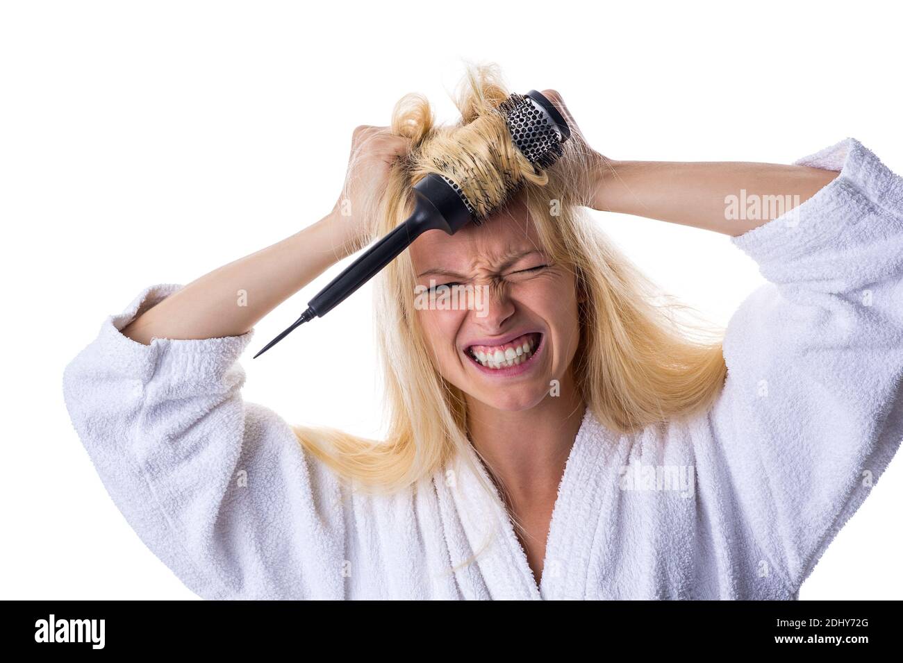 Blonde Frau mit Haarbürste, Lockenbürste, Stock Photo