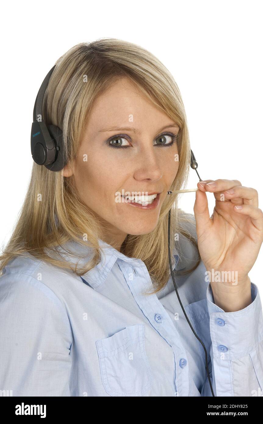 Blonde Frau mit Headset, 25, 30, Jahre, Model Release, Stock Photo