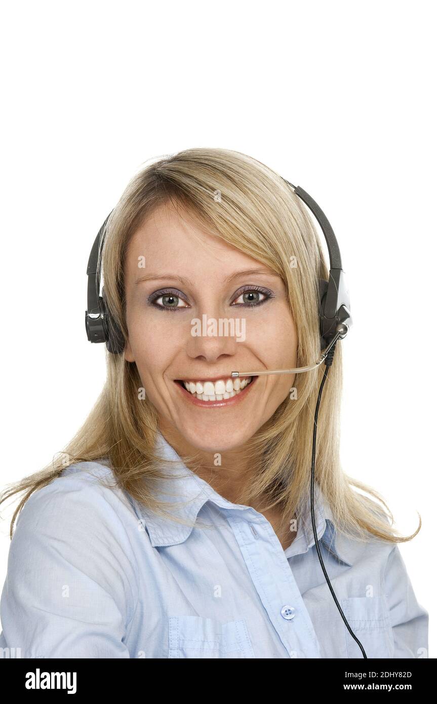 Blonde Frau mit Headset, 25, 30, Jahre, Model Release, Stock Photo