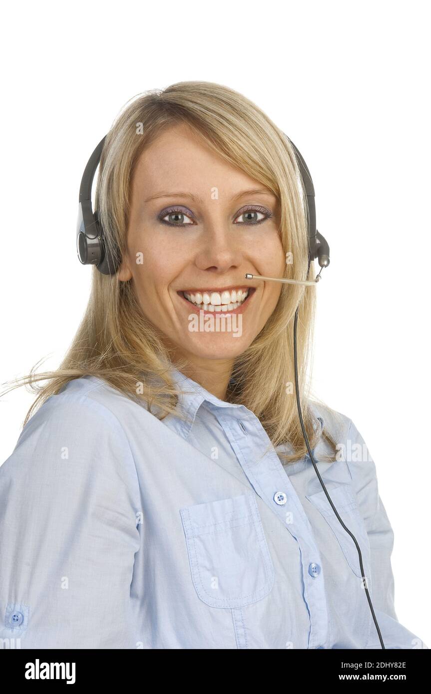 Blonde Frau mit Headset, 25, 30, Jahre, Model Release, Stock Photo