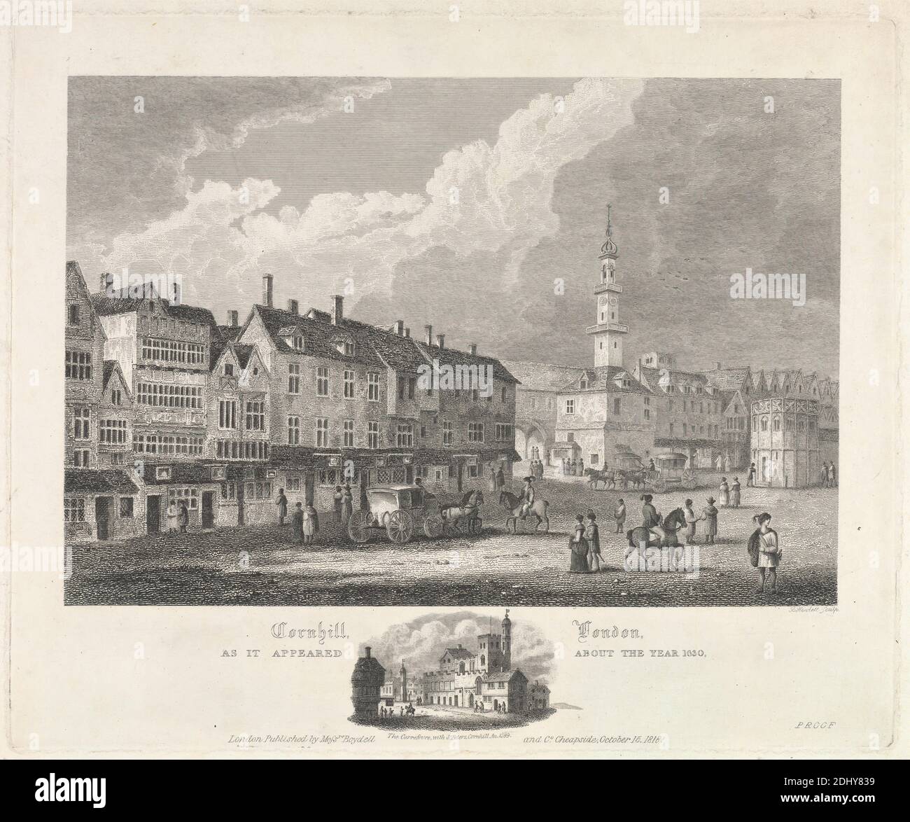 Cornhill, London as it appeared in 1630, Bartholomew Howlett, 1767–1827, British, after unknown artist, 1818, Engraving, Sheet: 8 7/8 x 10 3/4in. (22.5 x 27.3cm Stock Photo