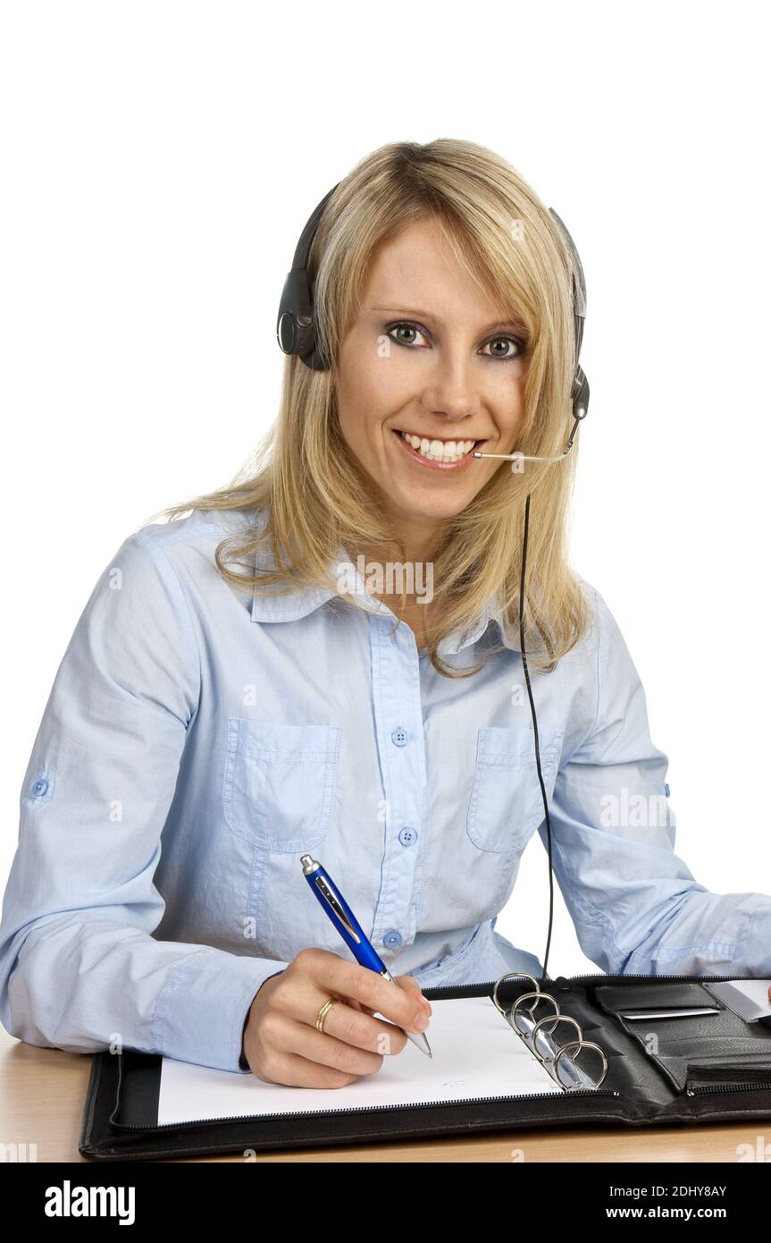 Blonde Frau mit Headset, 25, 30, Jahre, Model Release, Stock Photo