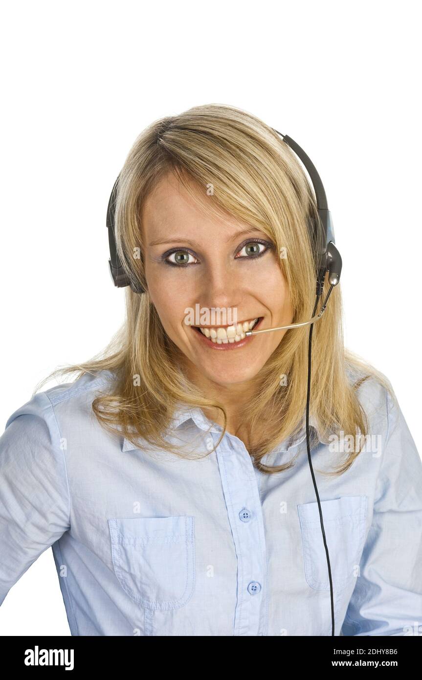 Blonde Frau mit Headset, 25, 30, Jahre, Model Release, Stock Photo