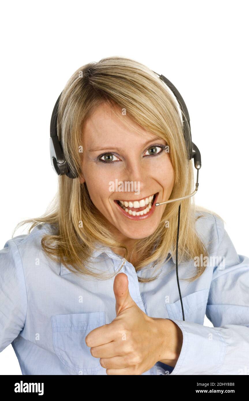 Blonde Frau mit Headset, 25, 30, Jahre, Model Release, Stock Photo