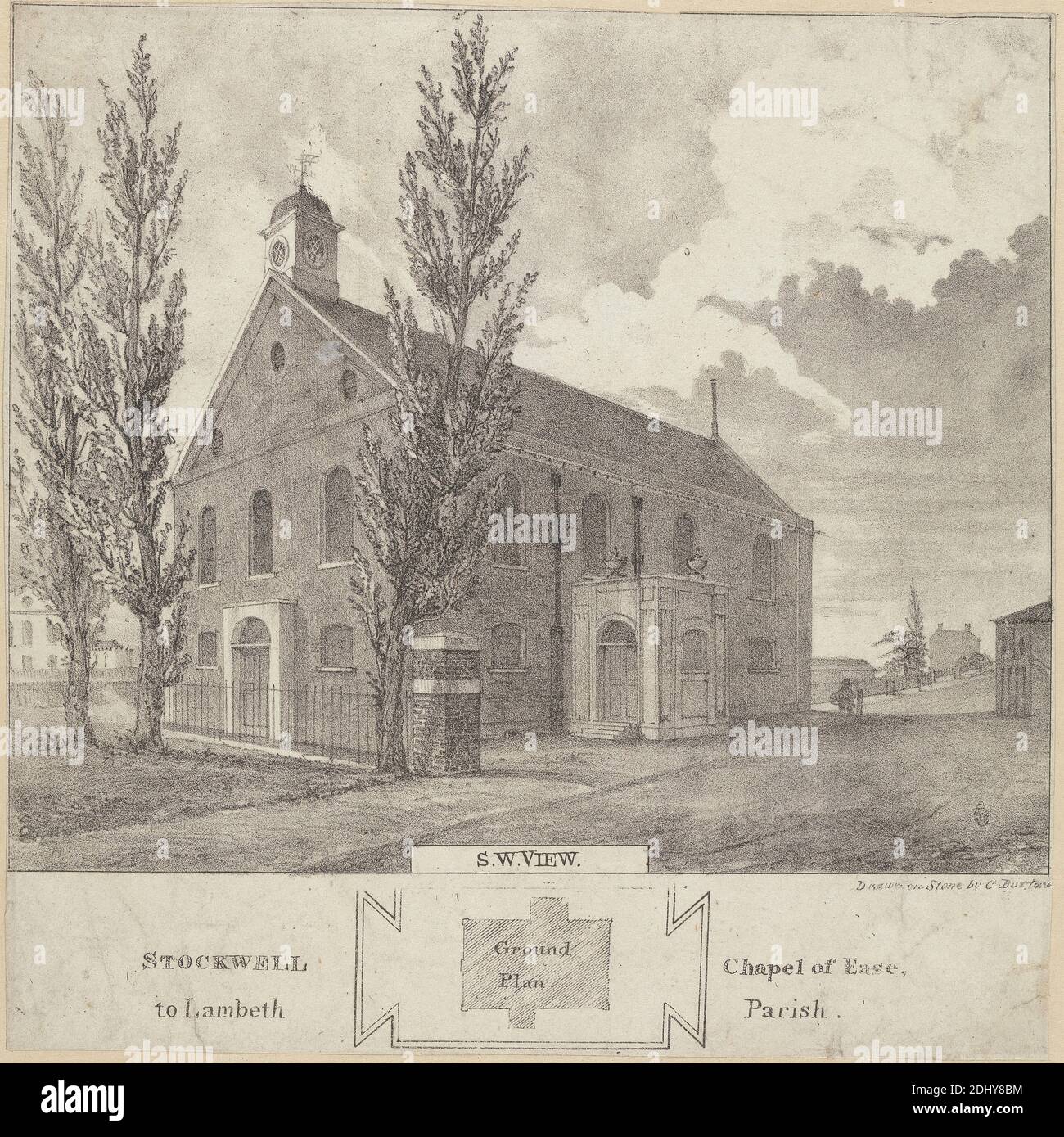 Stockwell Chapel of Ease to Lambeth Parish South West, unknown artist, nineteenth century, after unknown artist, ( C. Burton ), undated, Lithograph, Sheet: 9 1/8 x 9 1/8in. (23.2 x 23.2cm Stock Photo