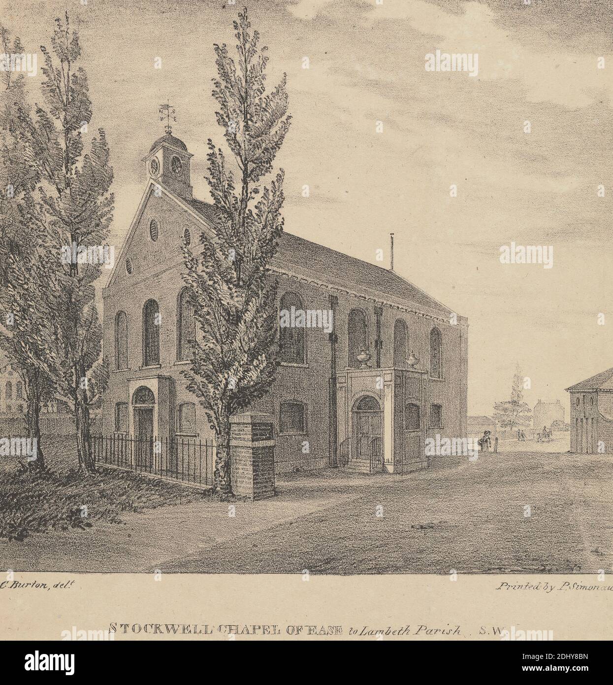 Stockwell Chapel of Ease to Lambeth Parish South West, unknown artist, nineteenth century, after unknown artist, ( C. Burton ), undated, Lithograph, Sheet: 8 1/4 x 7 3/4in. (21 x 19.7cm Stock Photo
