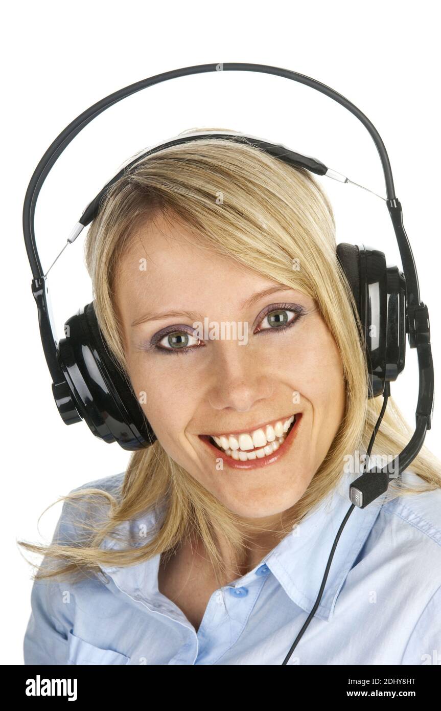 Blonde Frau mit Headset, 25, 30, Jahre, Model Release, Stock Photo