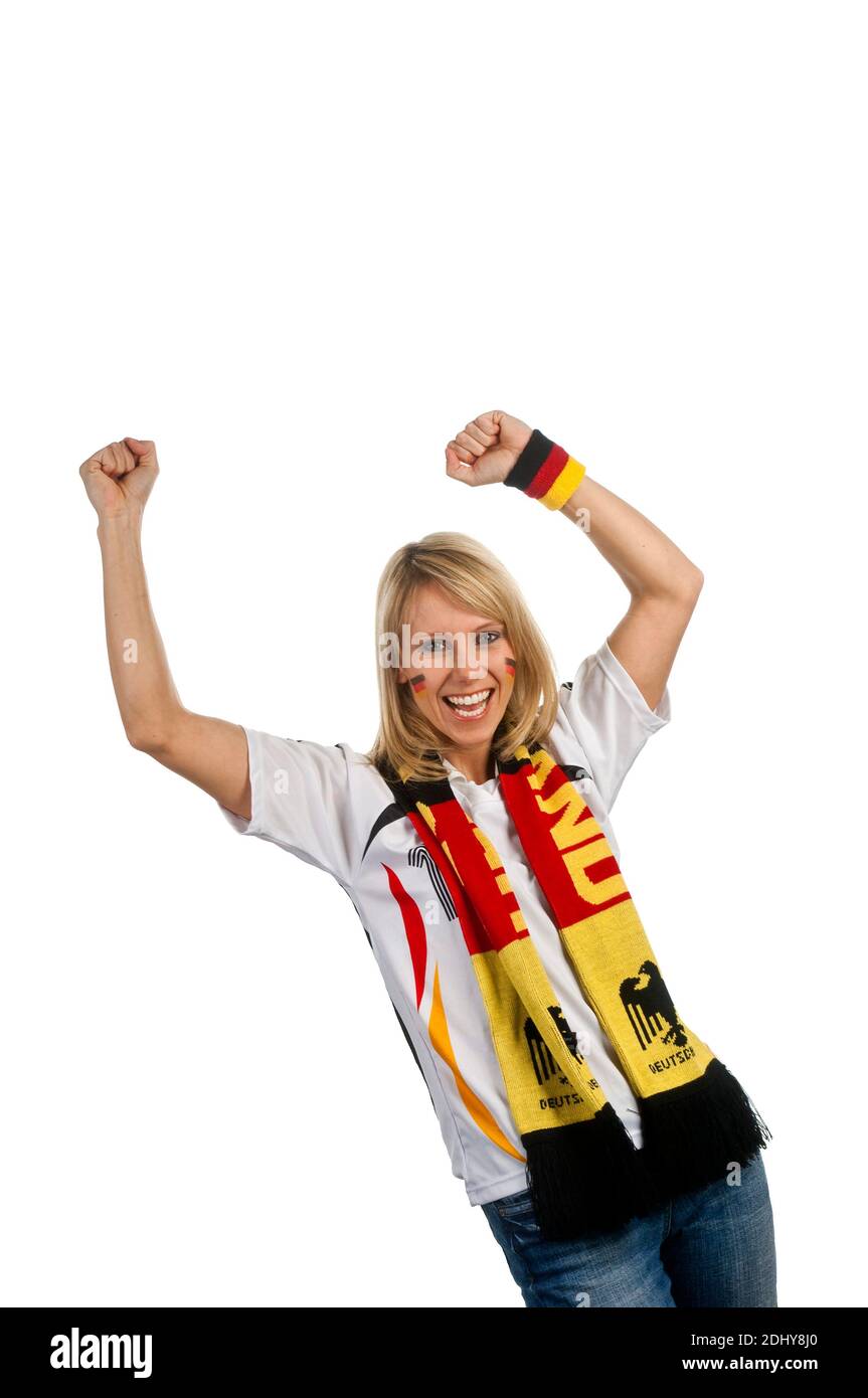 Fußballfan für Deutschland, Blondine, 25, 30, Jahre, mit Deutschland-Schal Stock Photo