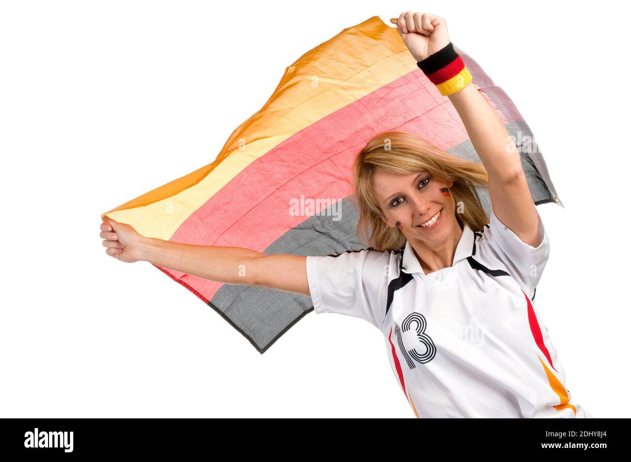 Fußballfan für Deutschland, Blondine mit Deutschlandfahne, deutscher Fahne, Flagge, Stock Photo