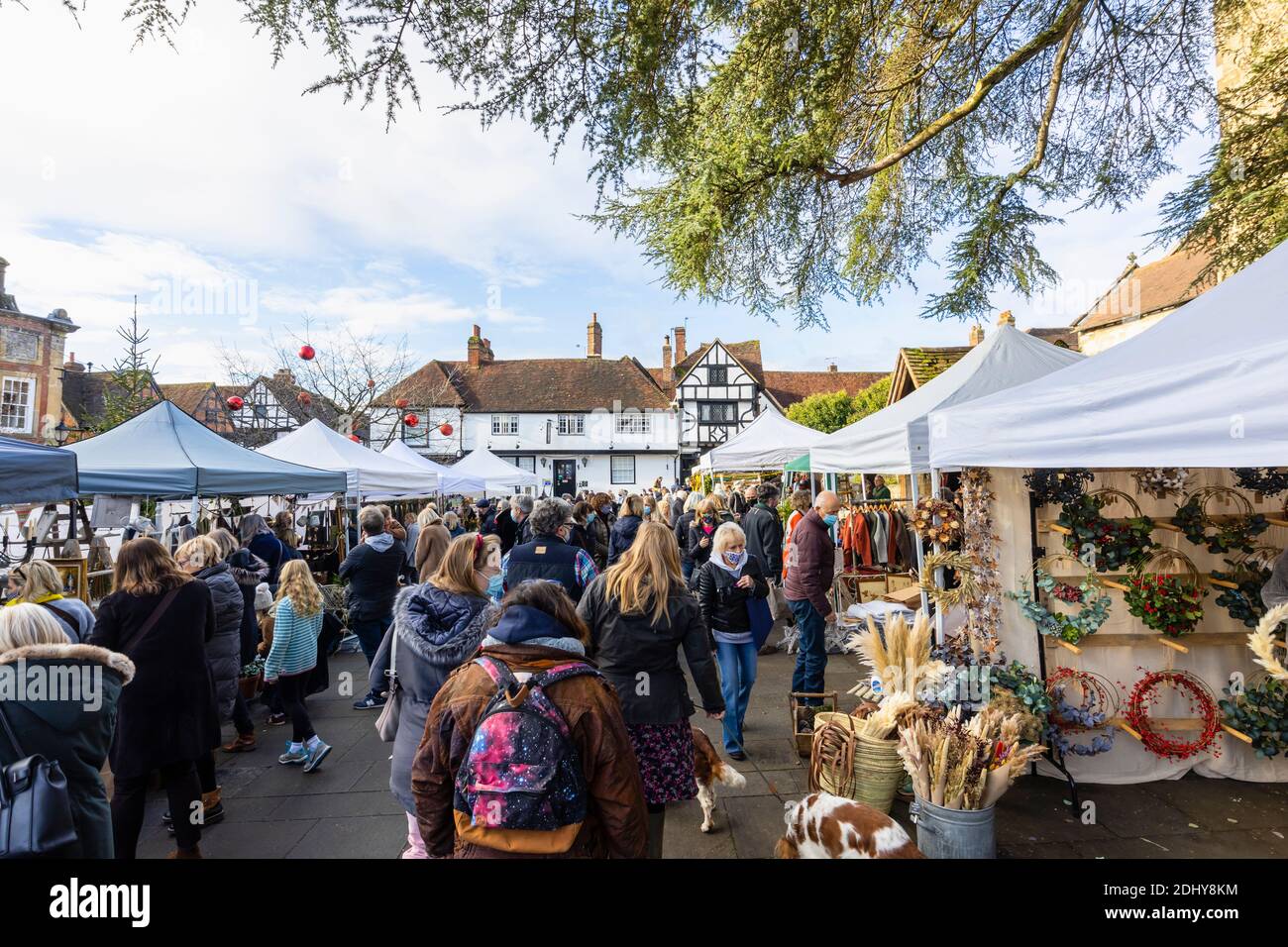 Stalls with crafts and bric-a-brac at the popular seasonal Country Brocante Winter Fair in December in Market Square in Midhurst, West Sussex Stock Photo