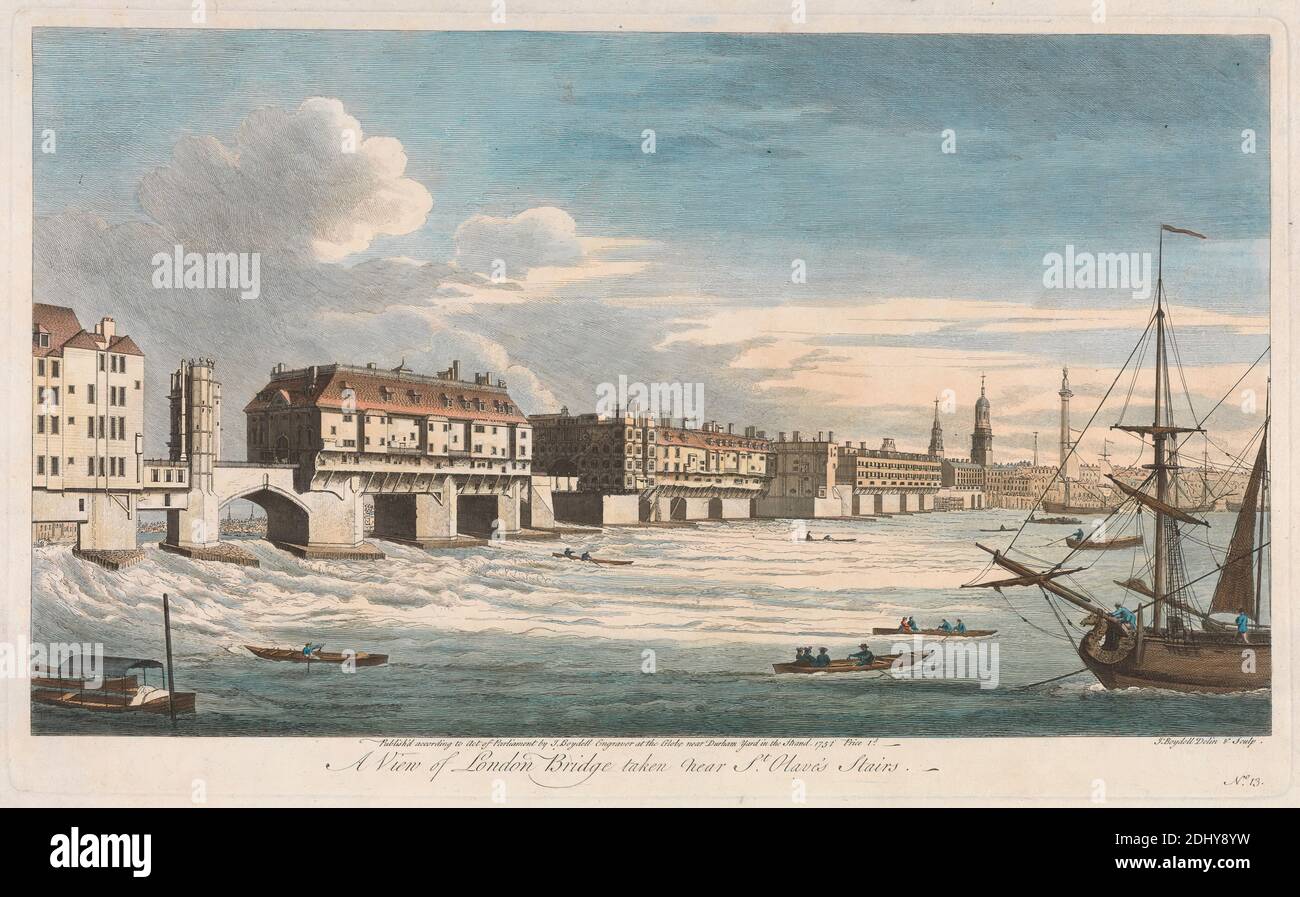 A View of London Bridge taken near St. Olave's Stairs, John Boydell, 1720–1804, British, after John Boydell, 1720–1804, British, 1751, Hand colored engraving, Sheet: 11 7/16 x 18 1/4in. (29.1 x 46.4cm Stock Photo