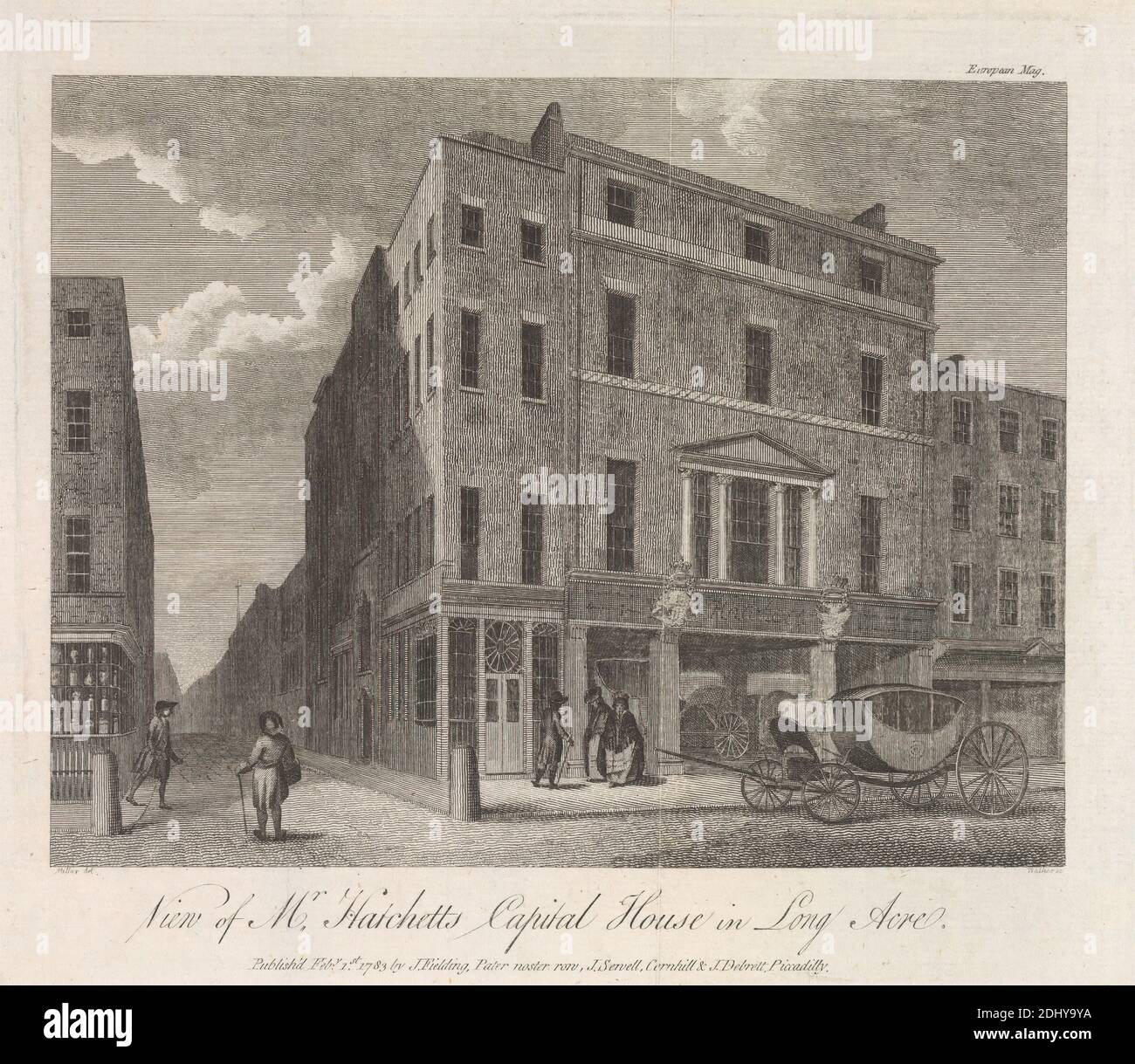 View of Mr. Hatchett's Capital House in Long Acre, James Walker, 1748–1808, British, after James Millar, ca.1735–1805, British, 1783, Engraving, Sheet: 8 1/8 x 9 1/4in. (20.6 x 23.5cm Stock Photo