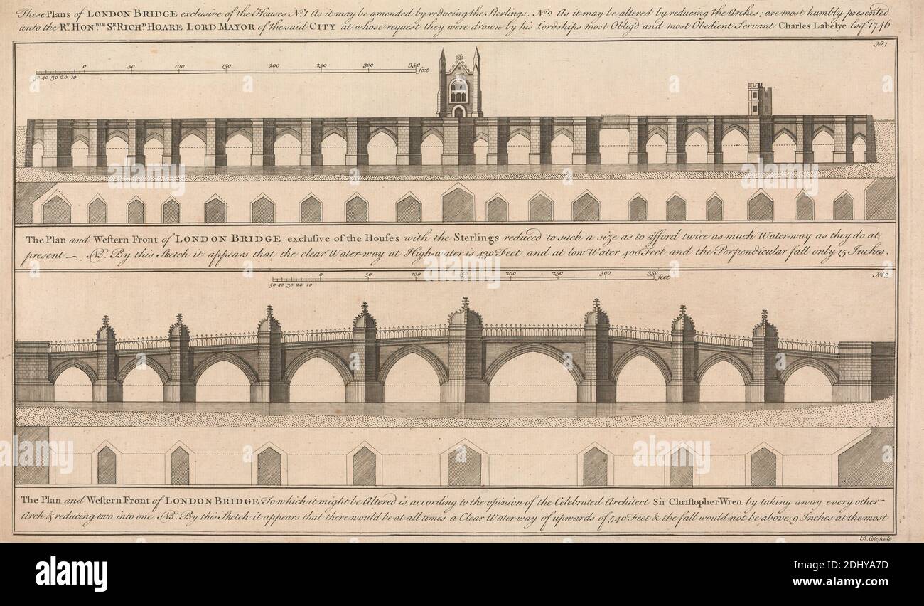 Two Plans for the Conversion of Old London Bridge by C. Labelye, The Second a Plan by Sir Christopher Wren, Benjamin Cole, 1697–1783, British, after Charles Labelye, 1705–1781, British, And Christopher Wren, 1632–1723, British, 1746, Engraving, Sheet: 9 1/4 x 15 5/8in. (23.5 x 39.7cm Stock Photo