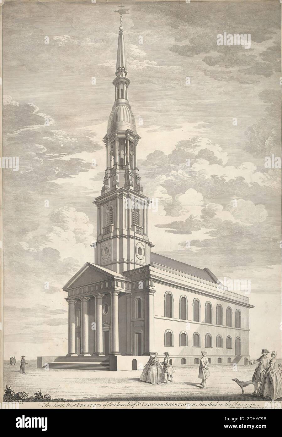 The S. W. Prospect of the Church of St. Leonard, Shoreditch, William Henry Toms, ca. 1700–ca. 1750, British, after George Dance RA, 1741–1825, British, 1742, Engraving, Sheet: 29 x 20 1/2in. (73.7 x 52.1cm Stock Photo