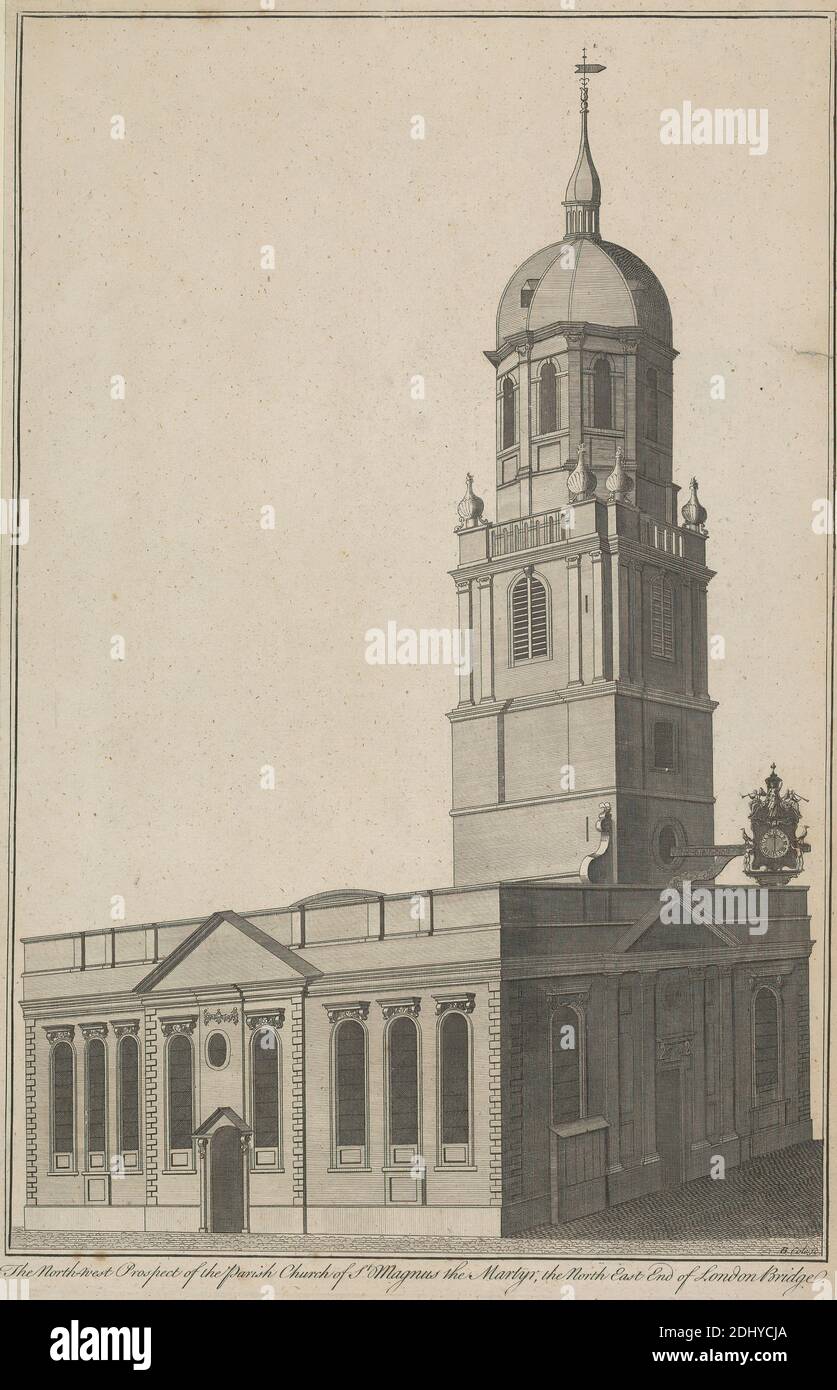The N. W. Prospect of the Parish Church of St. Magnus the Martyr, Benjamin Cole, 1697–1783, British, after unknown artist, undated, Engraving, Sheet: 14 3/4 x 9 1/2in. (37.5 x 24.1cm Stock Photo