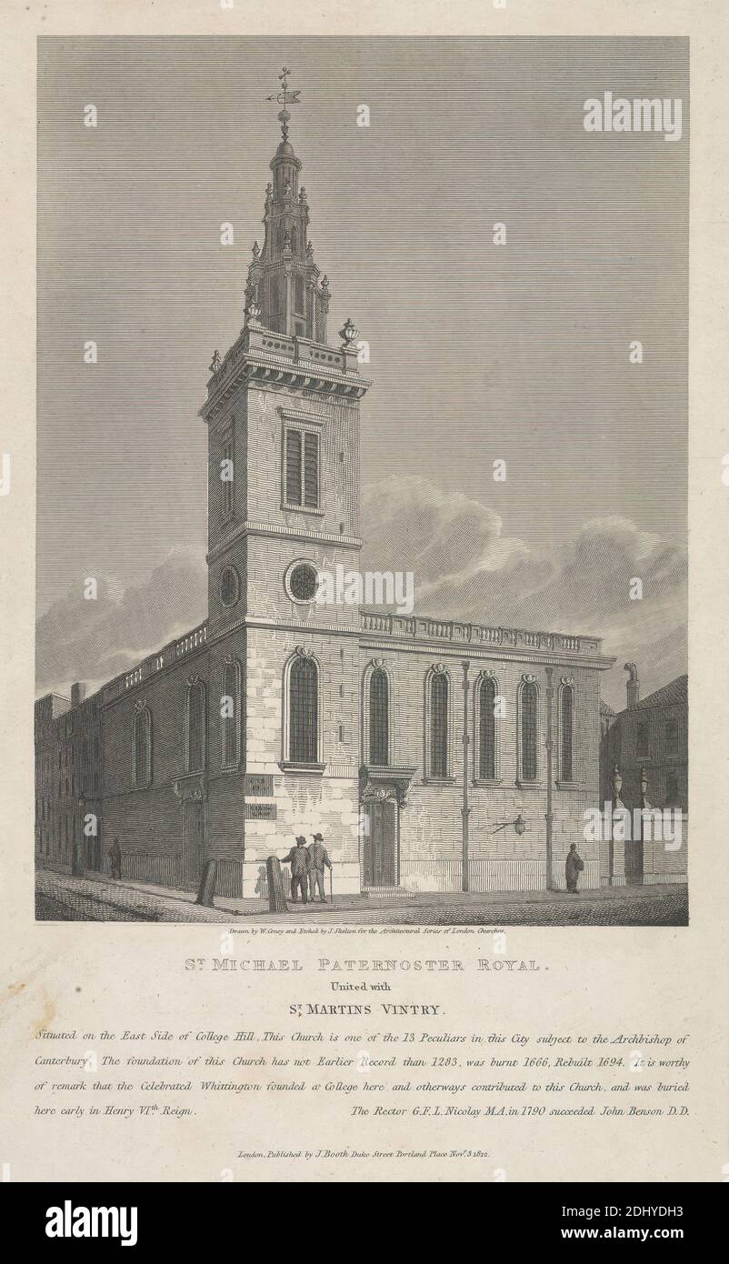 St. Michael Paternoster Royal, Joseph Skelton, active 1820–1850, after John Coney, 1786–1833, British, 1812, Etching, Sheet: 11 3/4 x 7 1/4in. (29.8 x 18.4cm Stock Photo