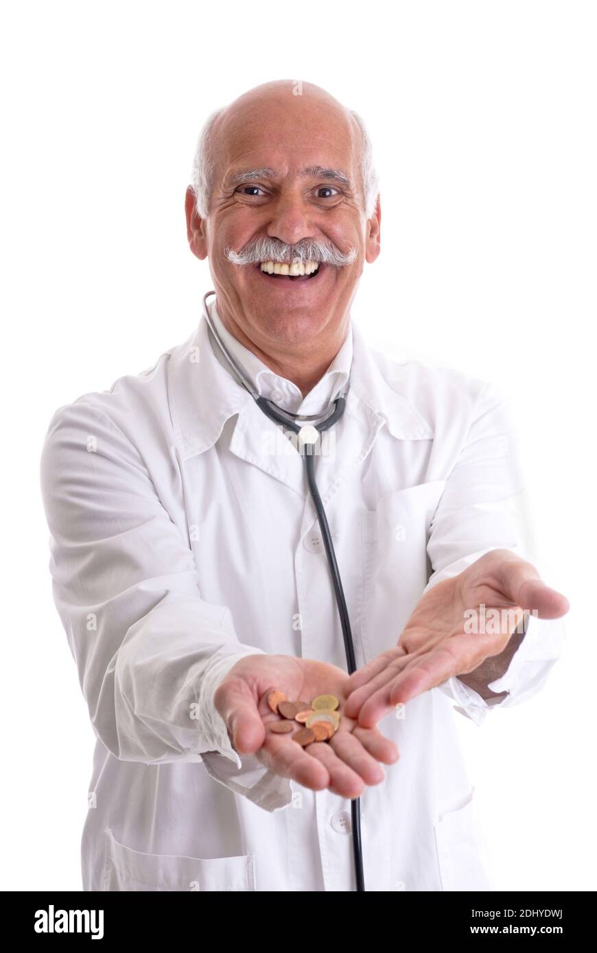 Gesundheitsreform, Arzt, Mann zeigt einige Euromünzen Stock Photo