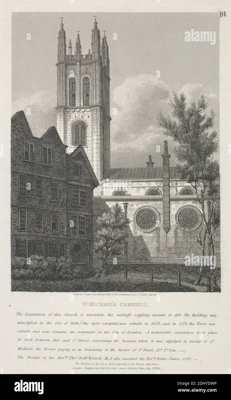 St. Michael, Cornhill, William Wise, Active 1823–1876, British, after George Shepherd, active 1782–1830, 1811, Etching, Sheet: 11 3/4 x 7 3/8in. (29.8 x 18.7cm Stock Photo