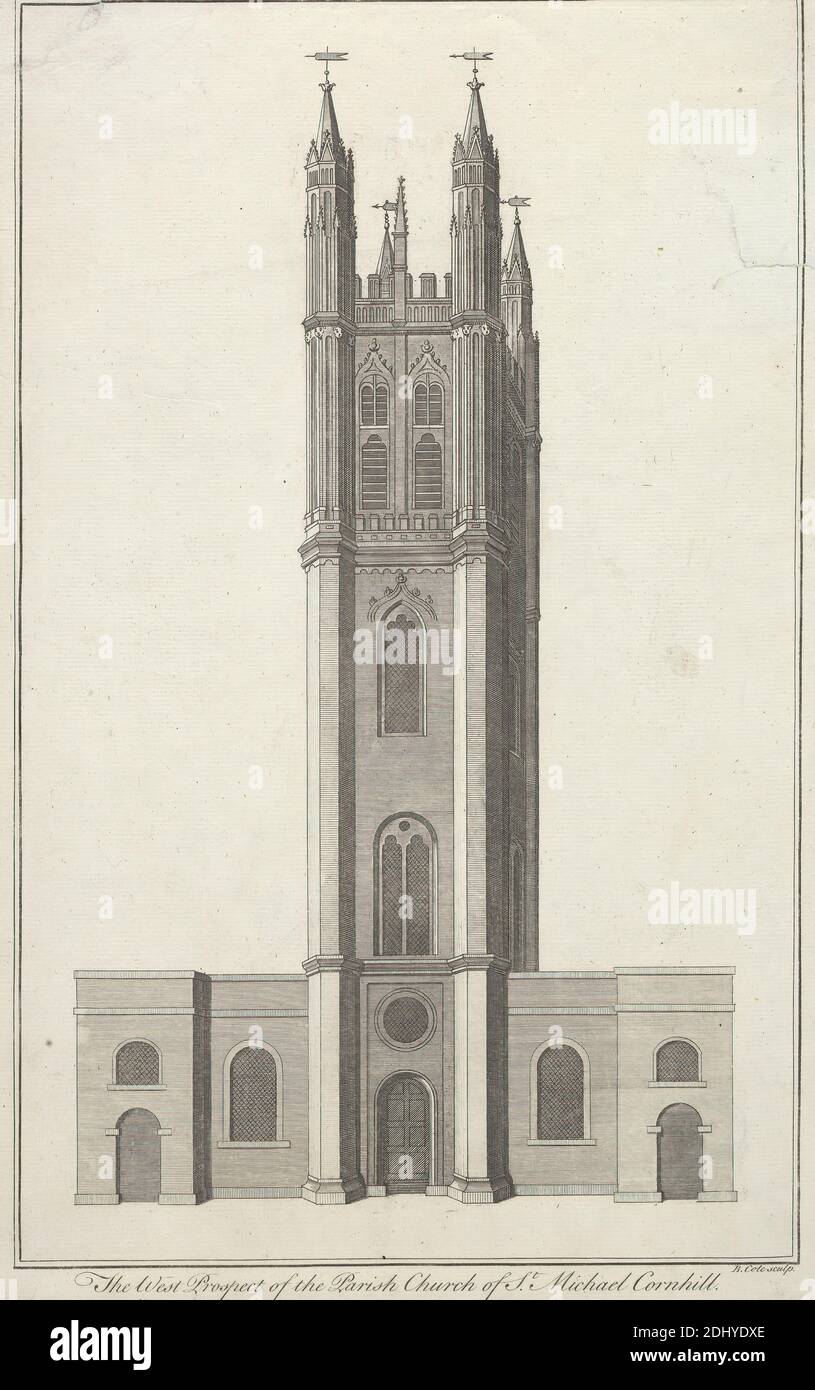 The West Prospect of the Parish Church of St. Michael, Cornhill, Benjamin Cole, 1697–1783, British, after unknown artist, undated, Engraving, Sheet: 14 3/8 x 9 1/16in. (36.5 x 23cm Stock Photo